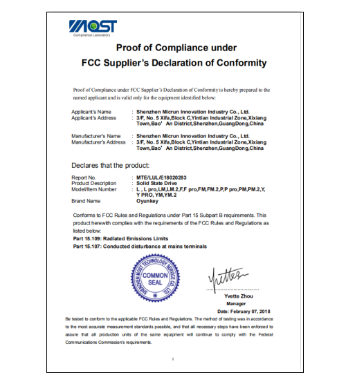 CERT FCC DOC SDOC CERTIFICATE